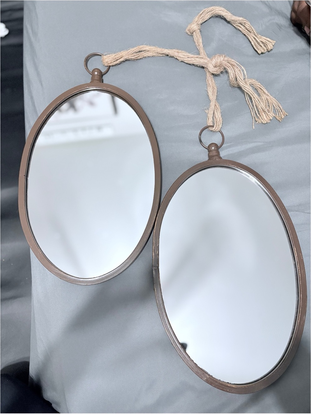 Rust Brown Oval Hanging Wall Mirrors with Rope - Home Wall Decor